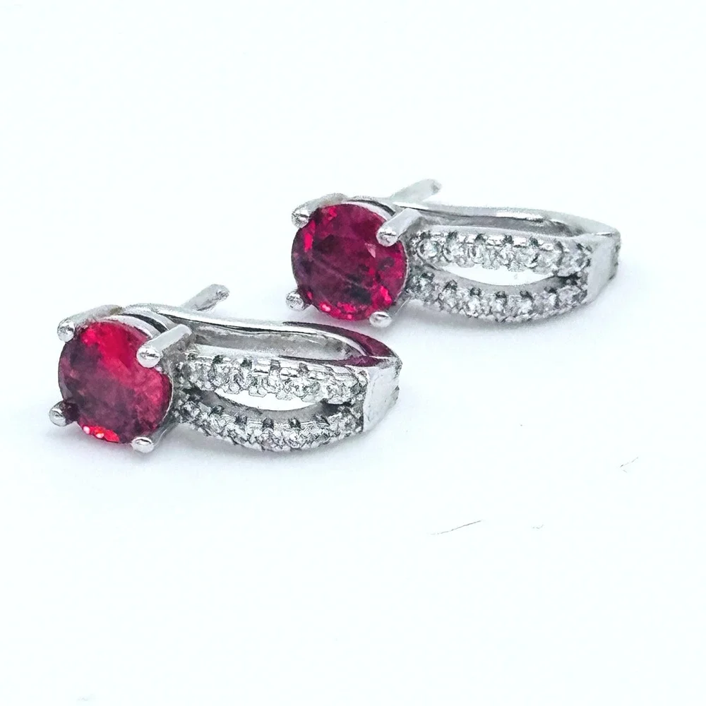Vintage Silver Tone Red Stone Earrings Set Stud & Huggie Style‎ Crystal Sparkle